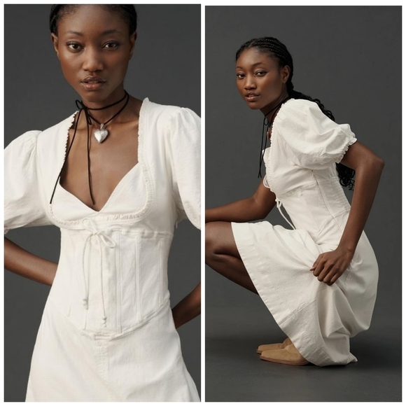 Maeve Puff-Sleeve Corset Linen Midi Dress - Picture 2 of 7